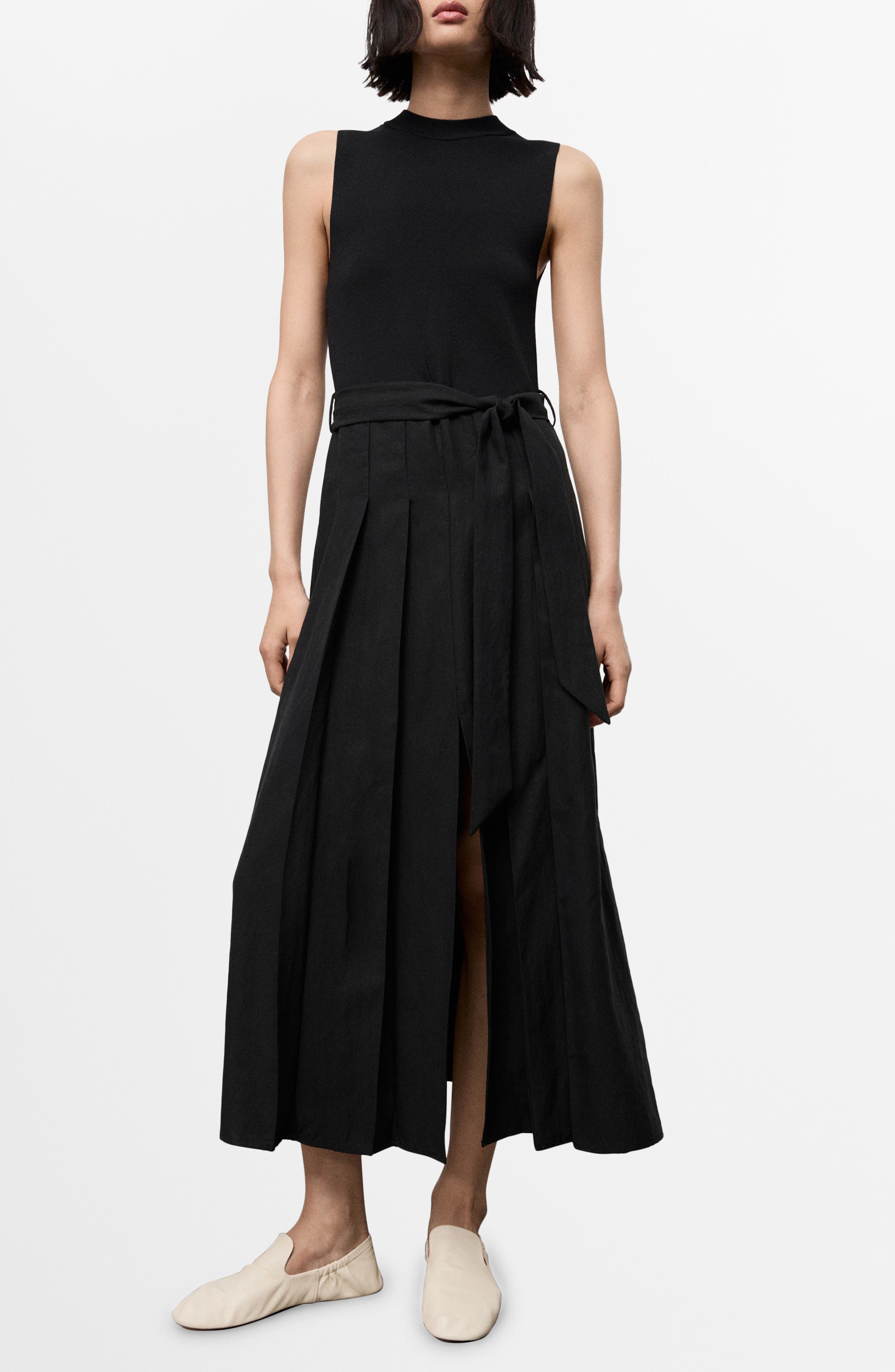 MANGO Mixed Media Pleated Midi Dress