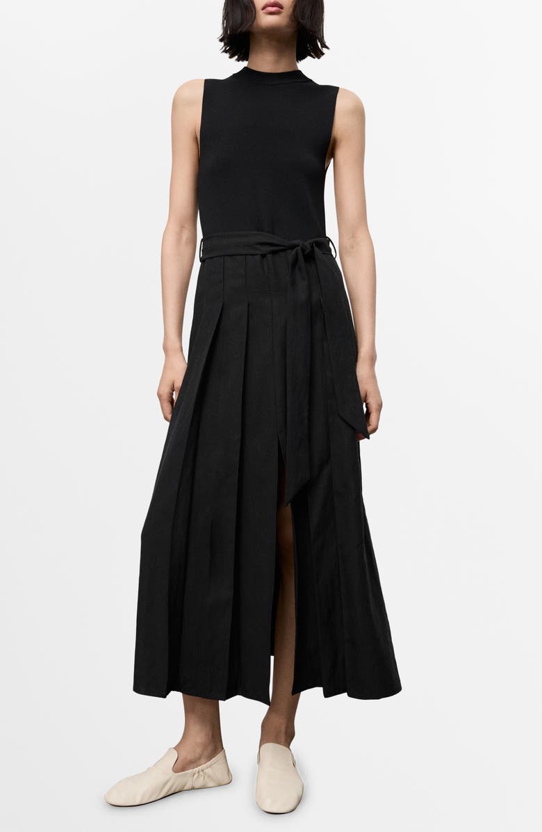 MANGO Mixed Media Pleated Midi Dress, Main, color, Black