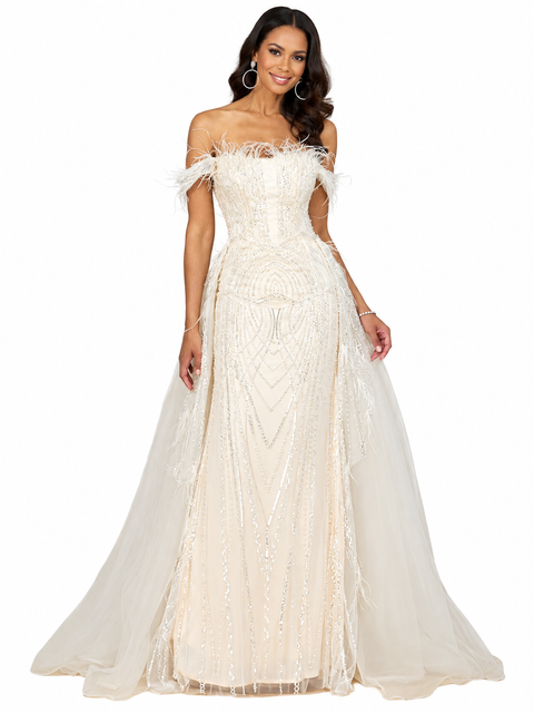 Off Shoulder Gown with Feathers