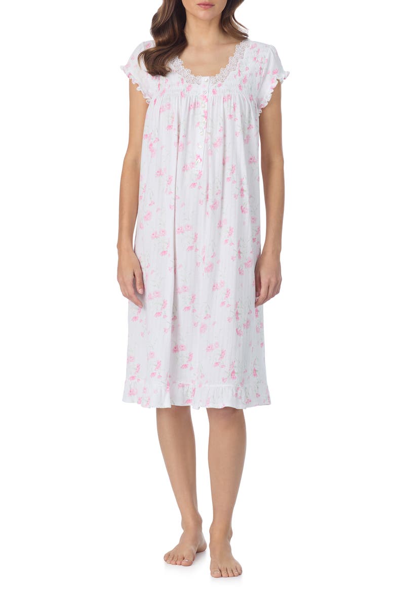 Floral Print Cap Sleeve Cotton Waltz Nightgown, Main, color, WHITE/ PINK