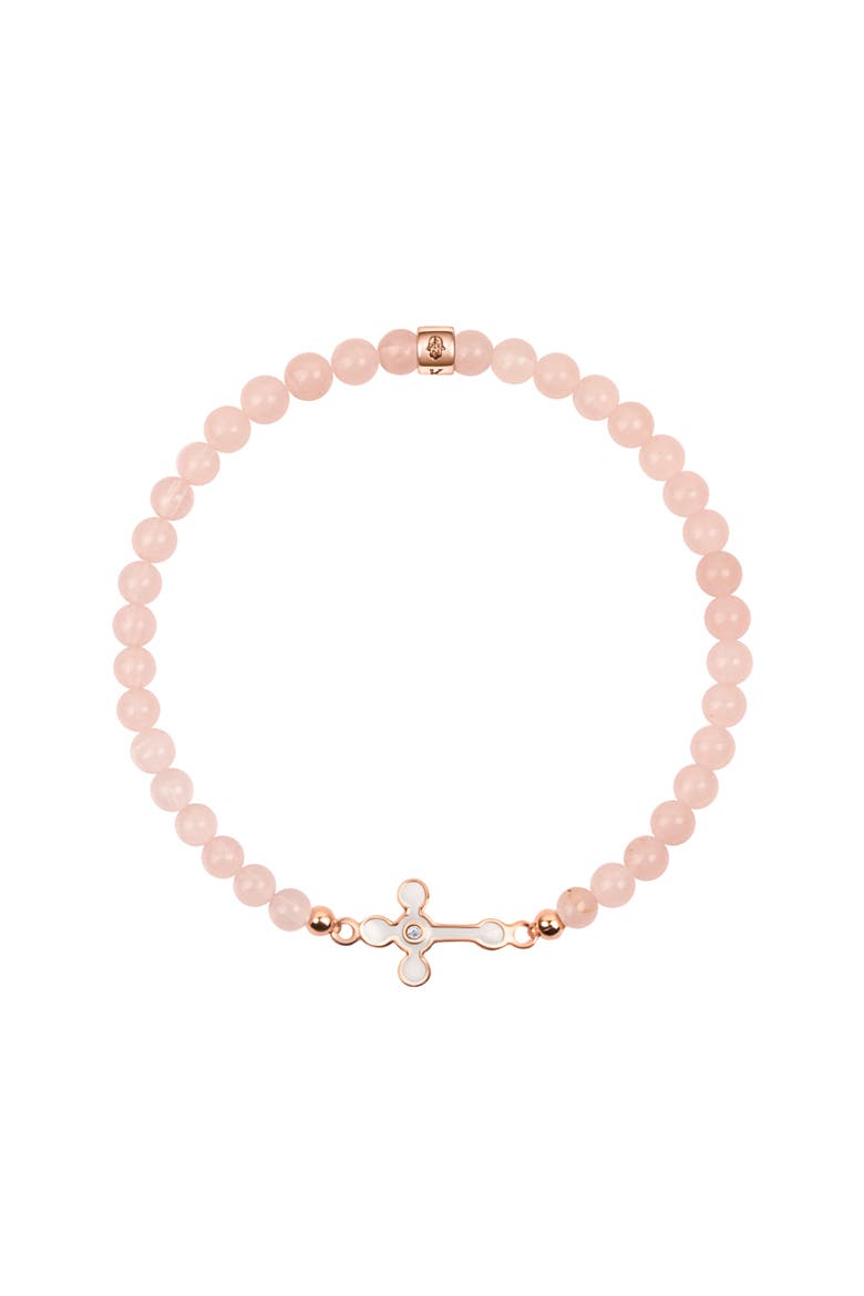 Loyal Support - Rose Quartz Diamond Cross Bracelet, Main, color, Pale Pink/White