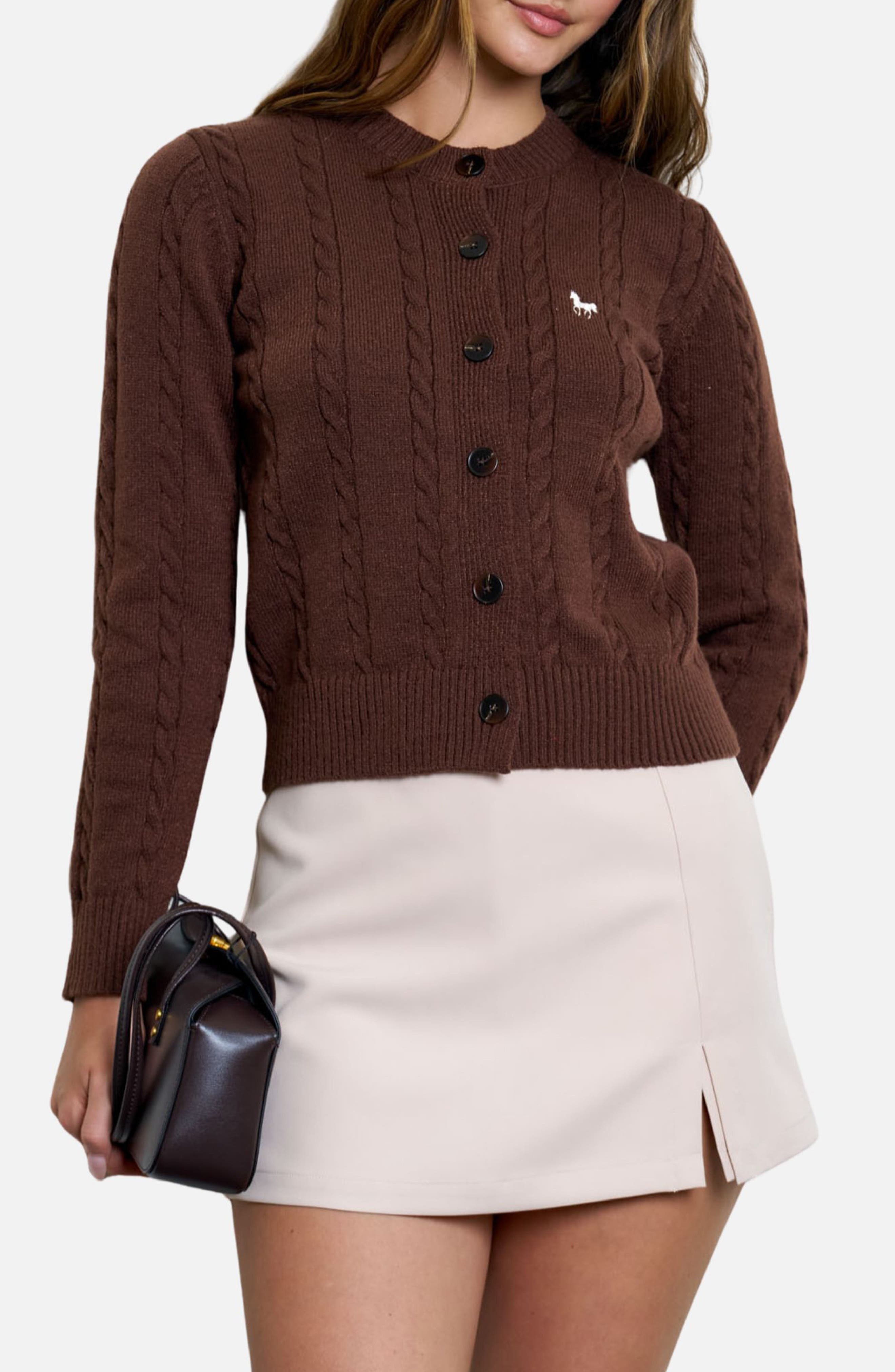 Blu Pepper Embroidered Horse Cable Knit Crop Cardigan In Brown