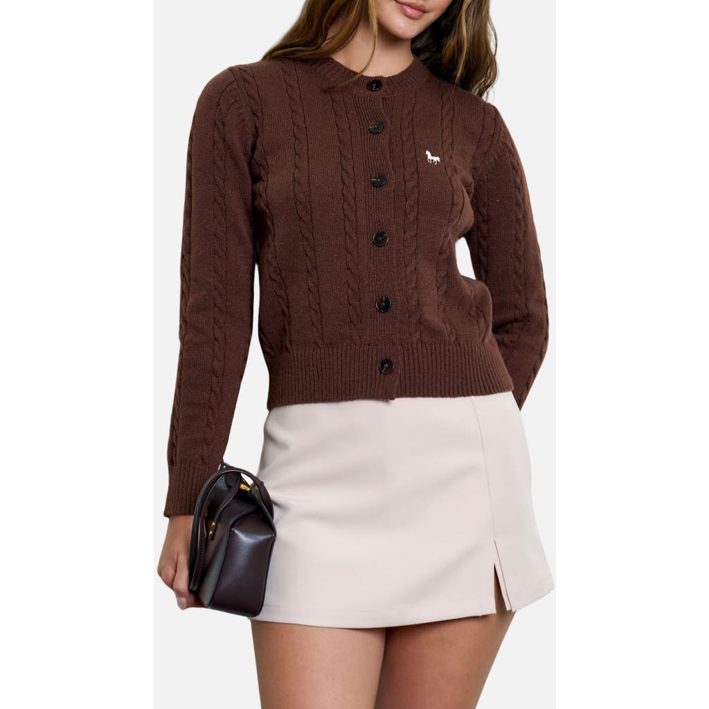 Blu Pepper Embroidered Horse Cable Knit Crop Cardigan In Brown