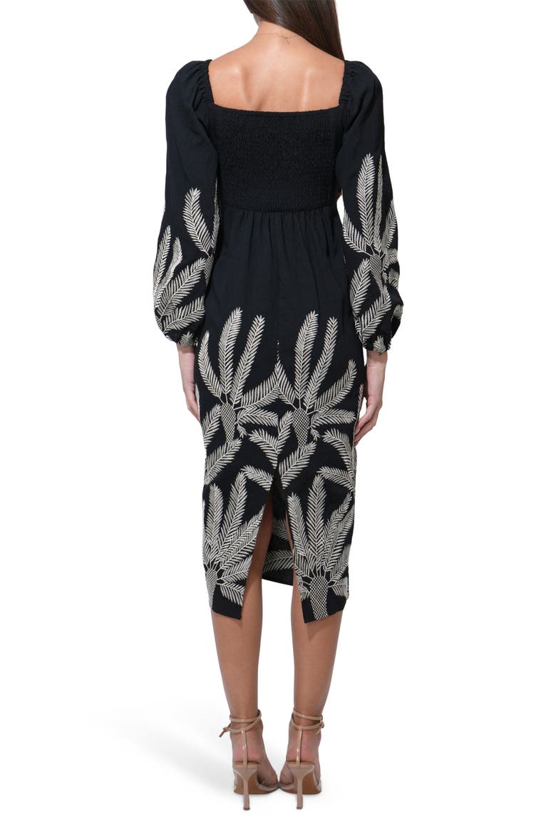 Jia Long Sleeve Embroidered Midi Dress, Alternate, color, BLACK