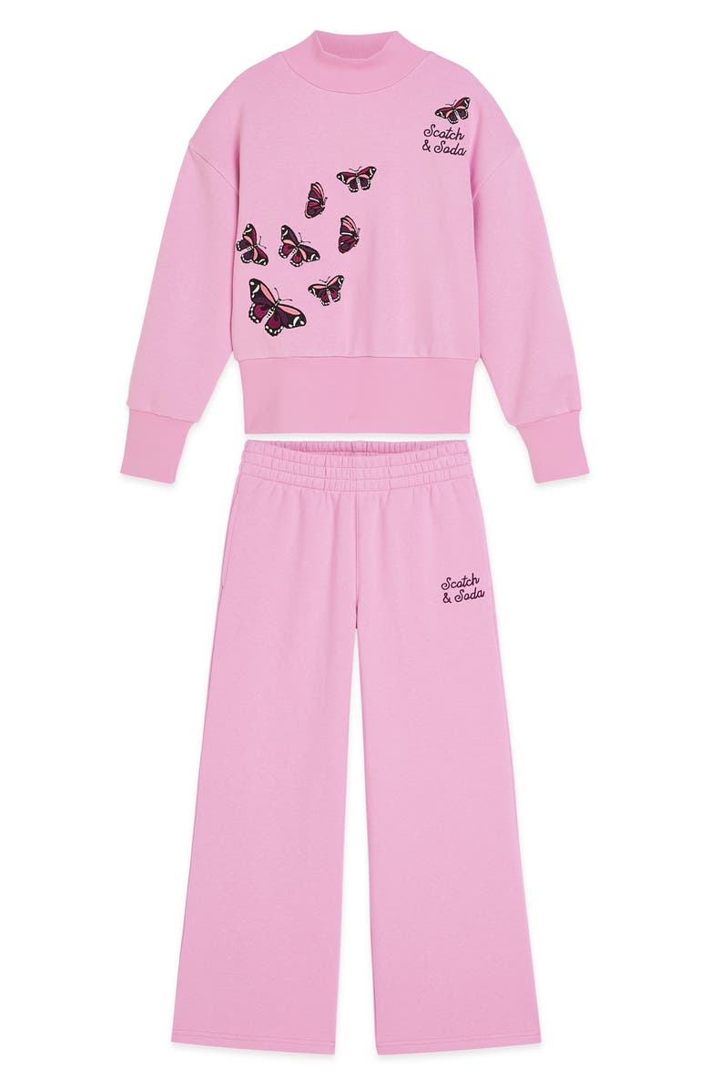 Scotch & Soda Kids' Embroidered Butterfly Fleece Sweatshirt & Pants Set, Main, color, Pastel Lavender