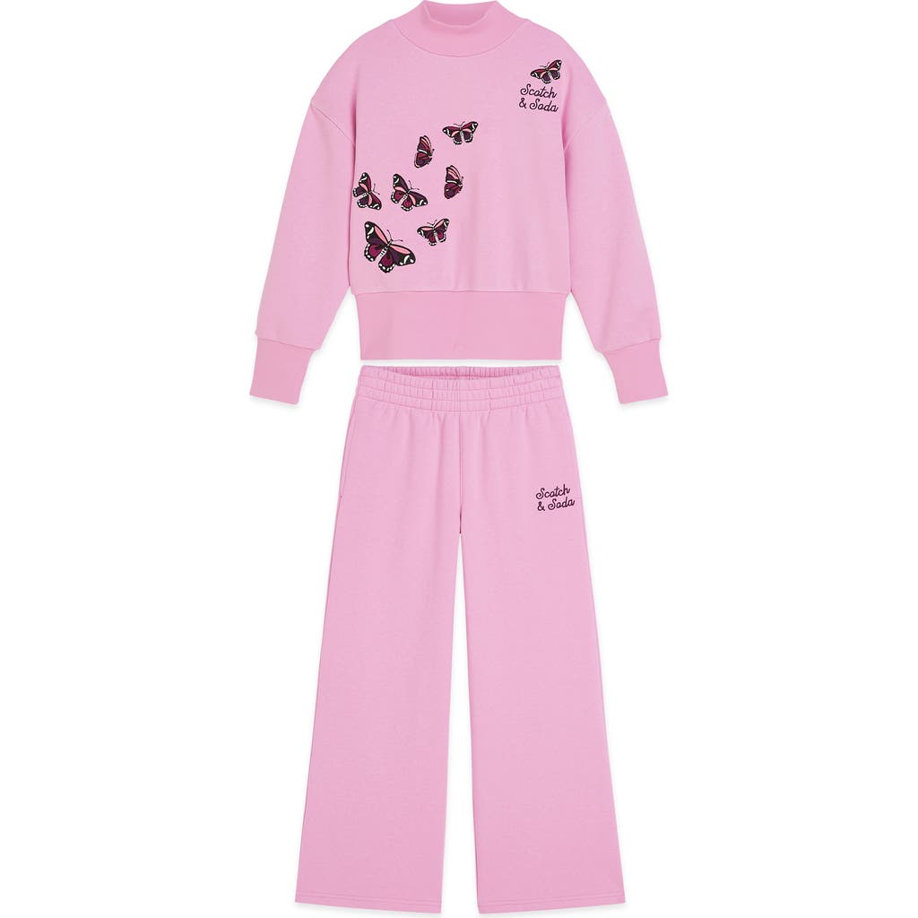 Scotch & Soda Kids' Embroidered Butterfly Fleece Sweatshirt & Pants Set In Purple