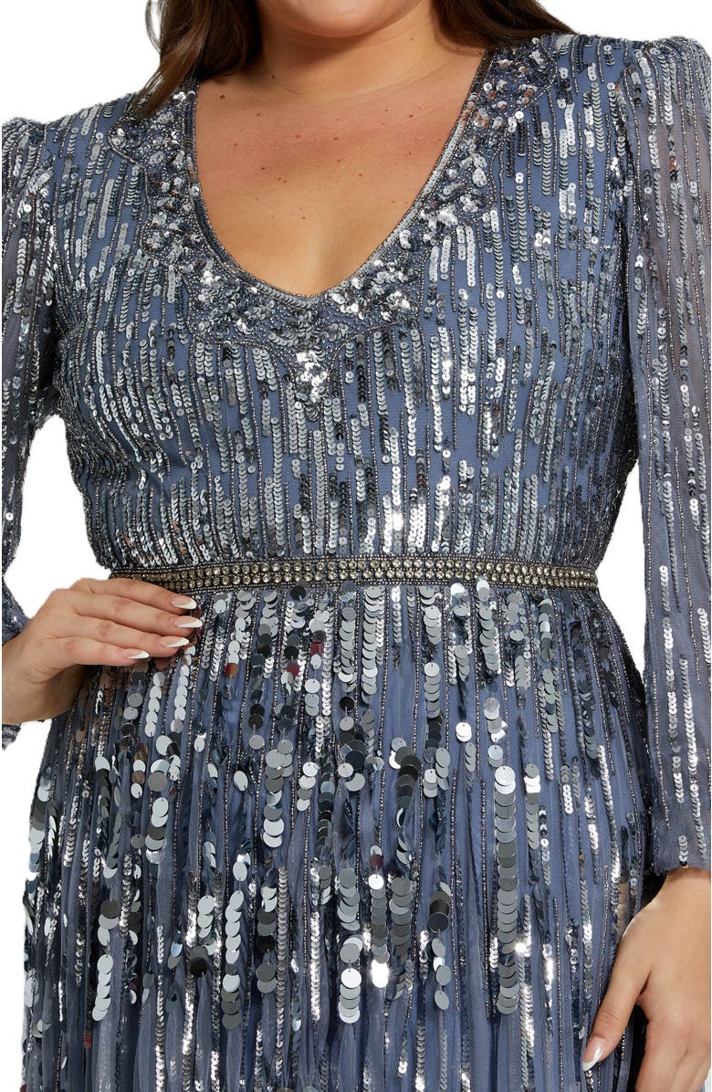 Mac Duggal Long Sleeve Beaded Crystal Deep V Neckline Gown, Alternate, color, Slate Blue