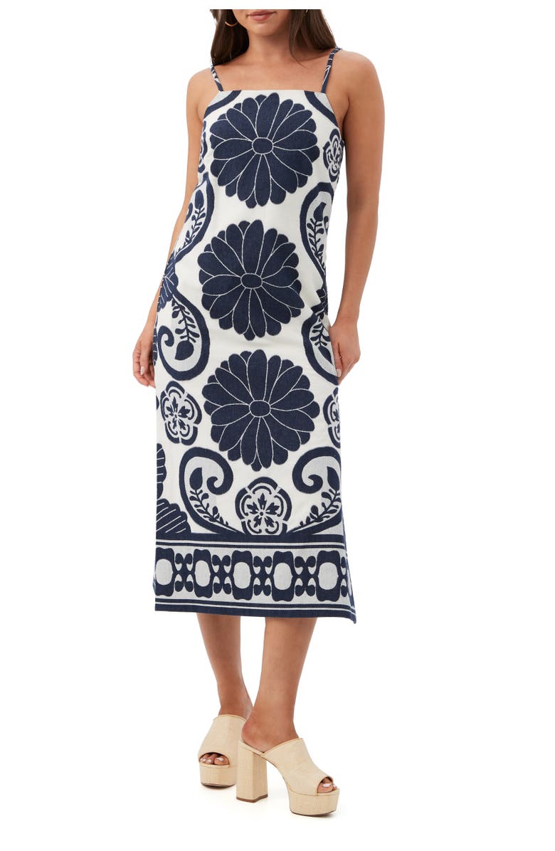 Trina Turk Marita 3 Printed Square Neck Midi Dress, Main, color, Sumi Blue/Whitewash
