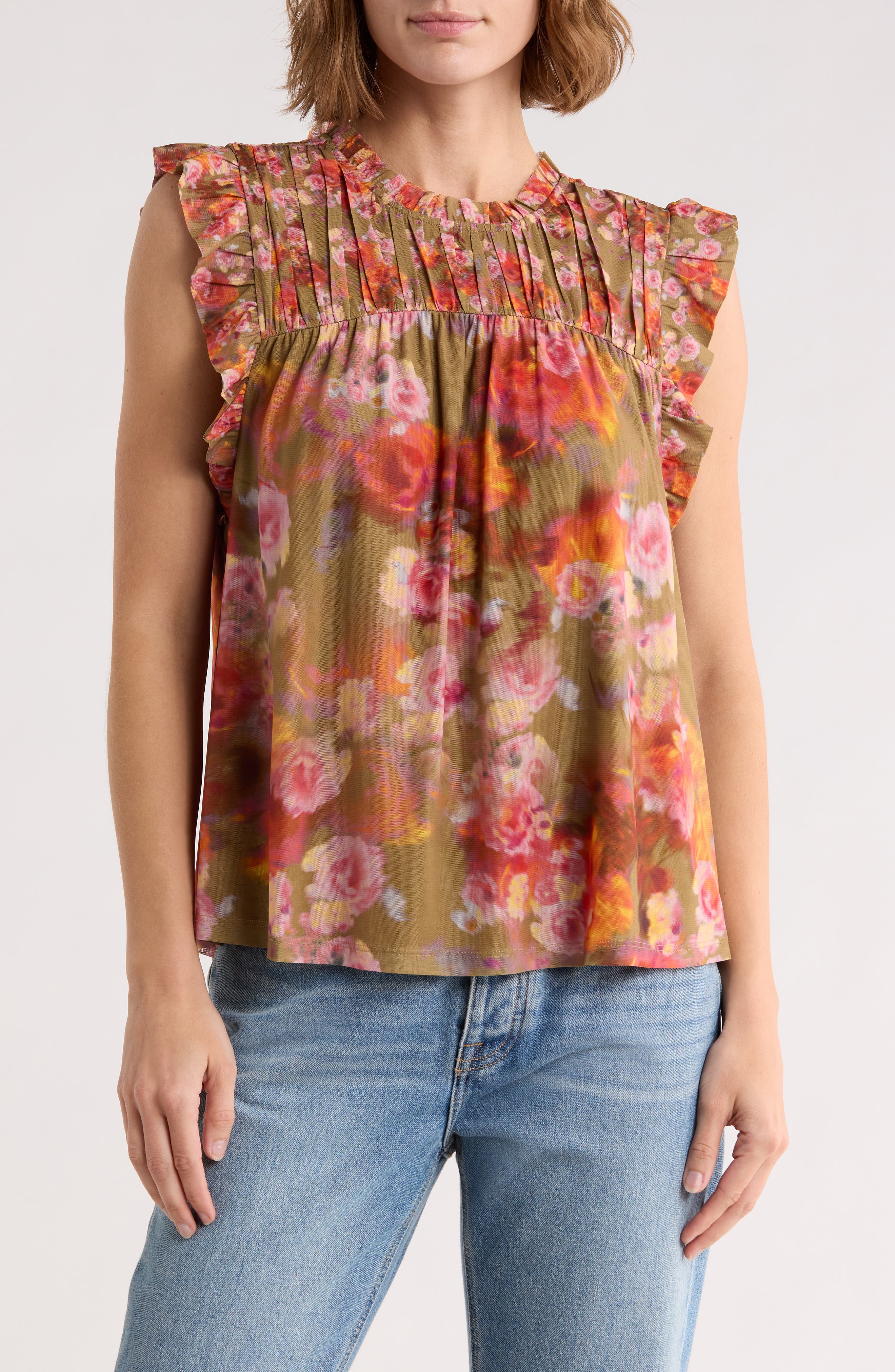 DR2 by Daniel Rainn Floral Flutter Sleeve Mesh Top