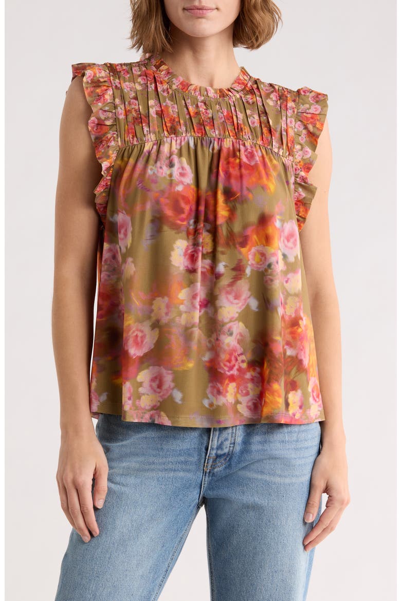 Floral Flutter Sleeve Mesh Top, Main, color, TAN