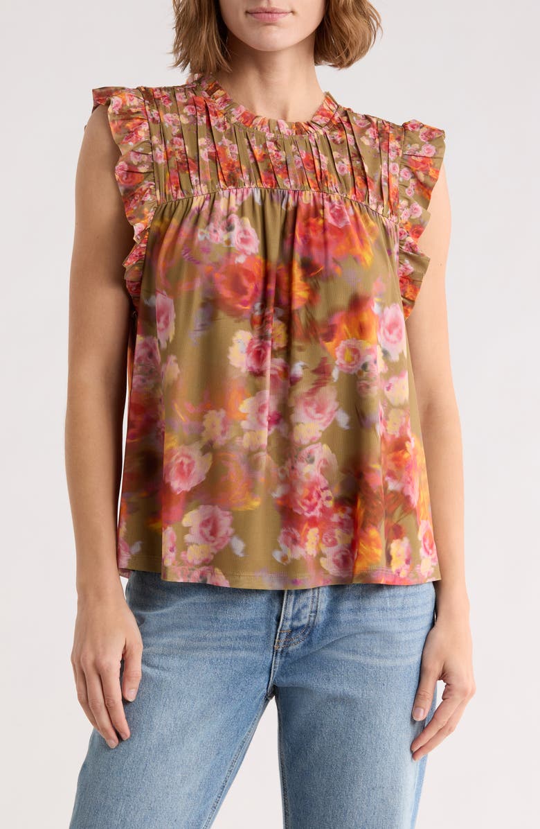 DR2 by Daniel Rainn Floral Flutter Sleeve Mesh Top, Main, color, Tan