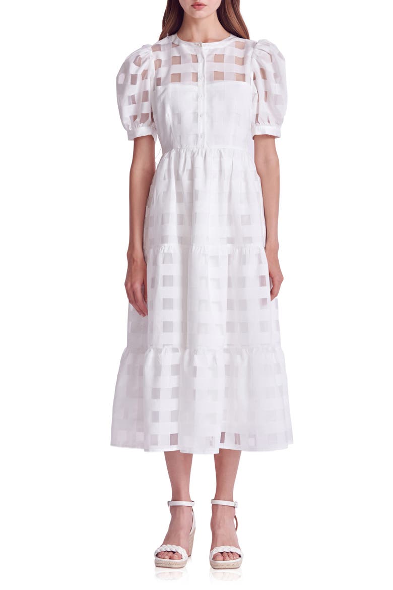 Check Puff Sleeve Belted Shirtdress, Main, color, WHITE