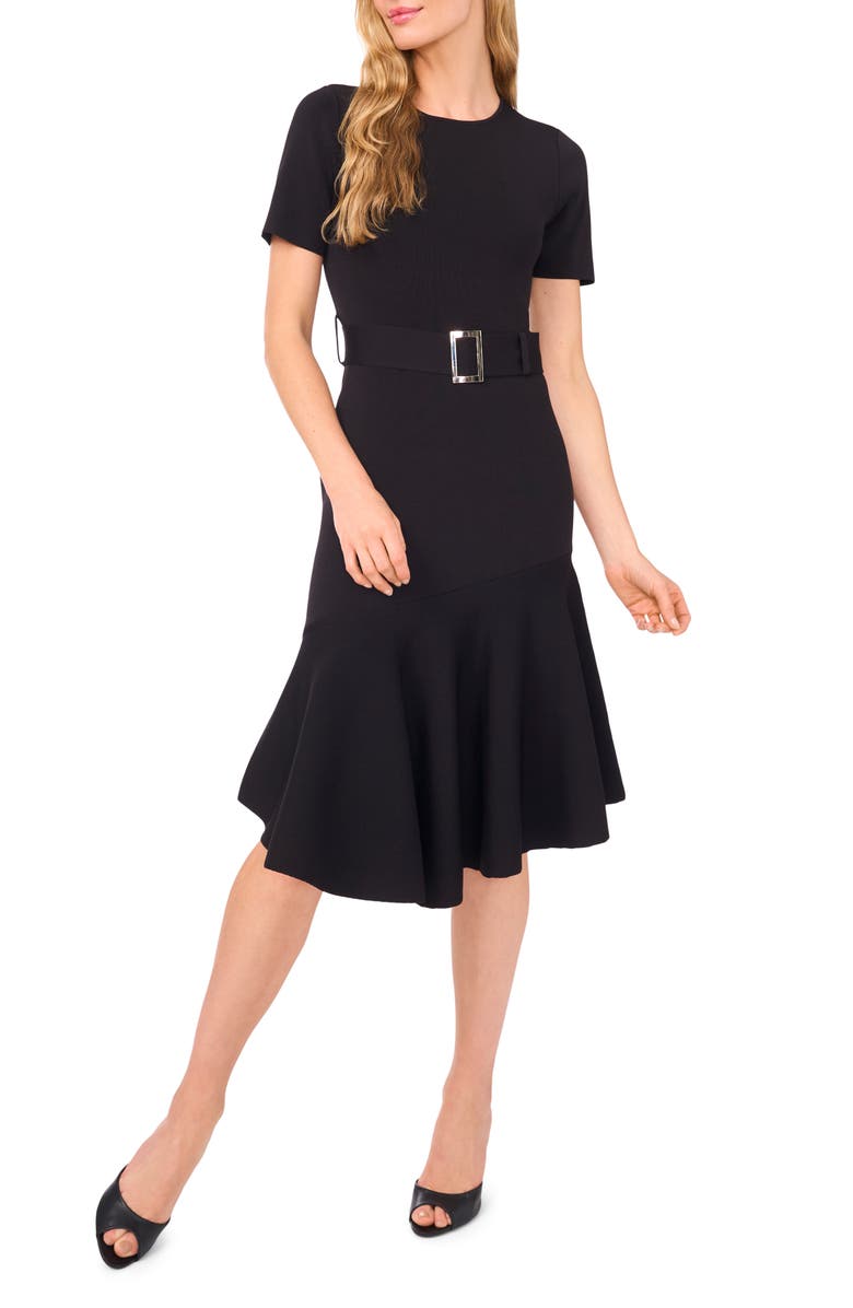 Ted Baker Ashley Rib Short Sleeve Belted Sweater Dress, Main, color, Rich Black