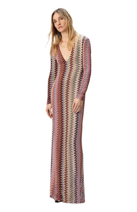 Long Dress With V-neck And Zigzag Pattern