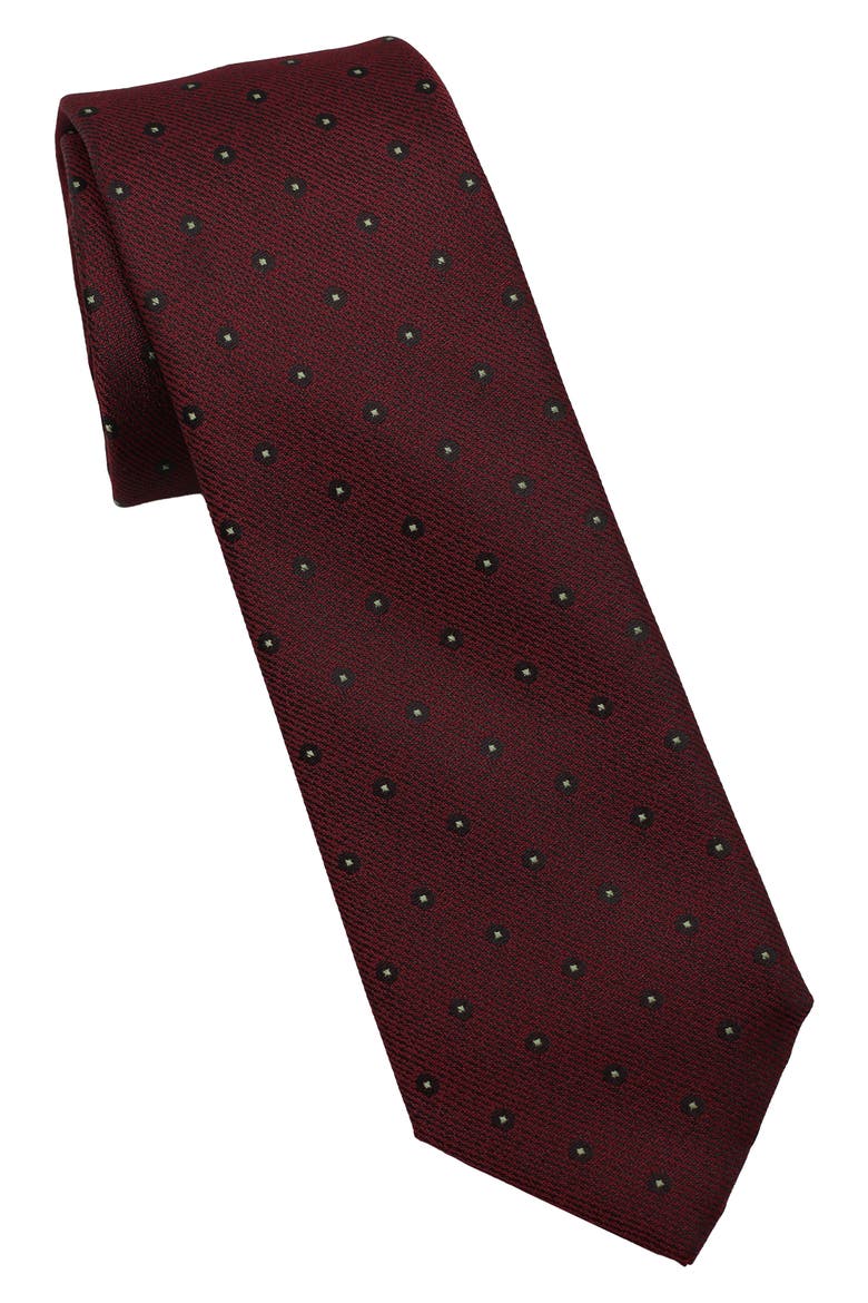 Dot Print Tie, Main, color, BURGUNDY/ HUNTER