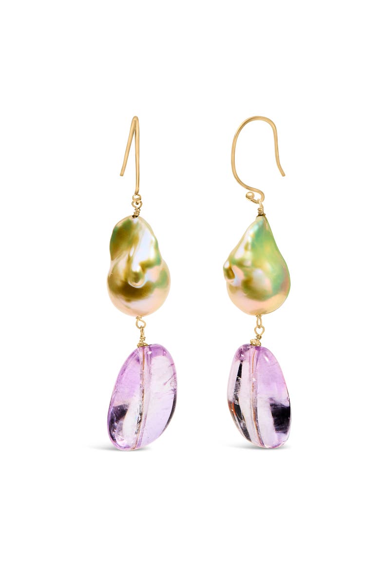 14K Yellow Gold Amethyst and Baroque Pearl Drop and Dangle Earrings, Alternate, color, Yellow