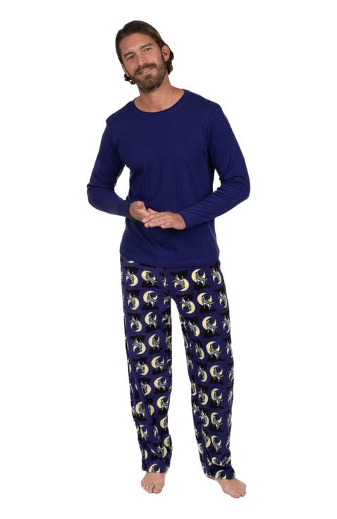 Men's Cotton Top & Fleece Pants Printed Matching Family Holiday Pajama Set (S-XXL)