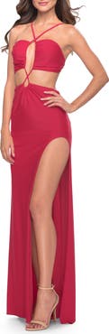 La Femme Unique Jersey Gown with Front Cut Outs and Criss Cross Straps