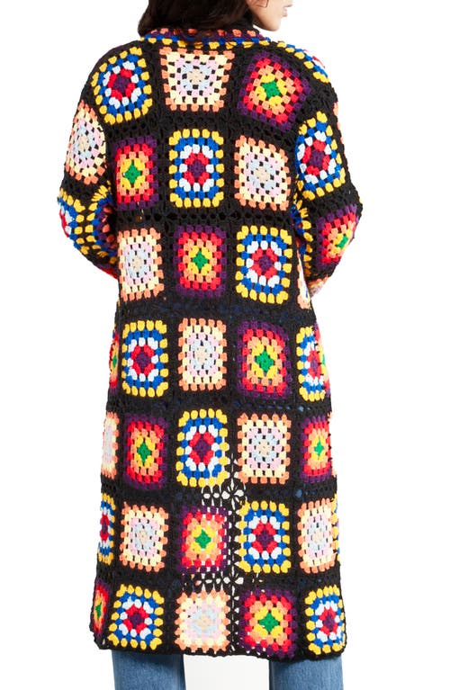 Saachi Granny Square Crochet Longline Cardigan In Black/natural Multi