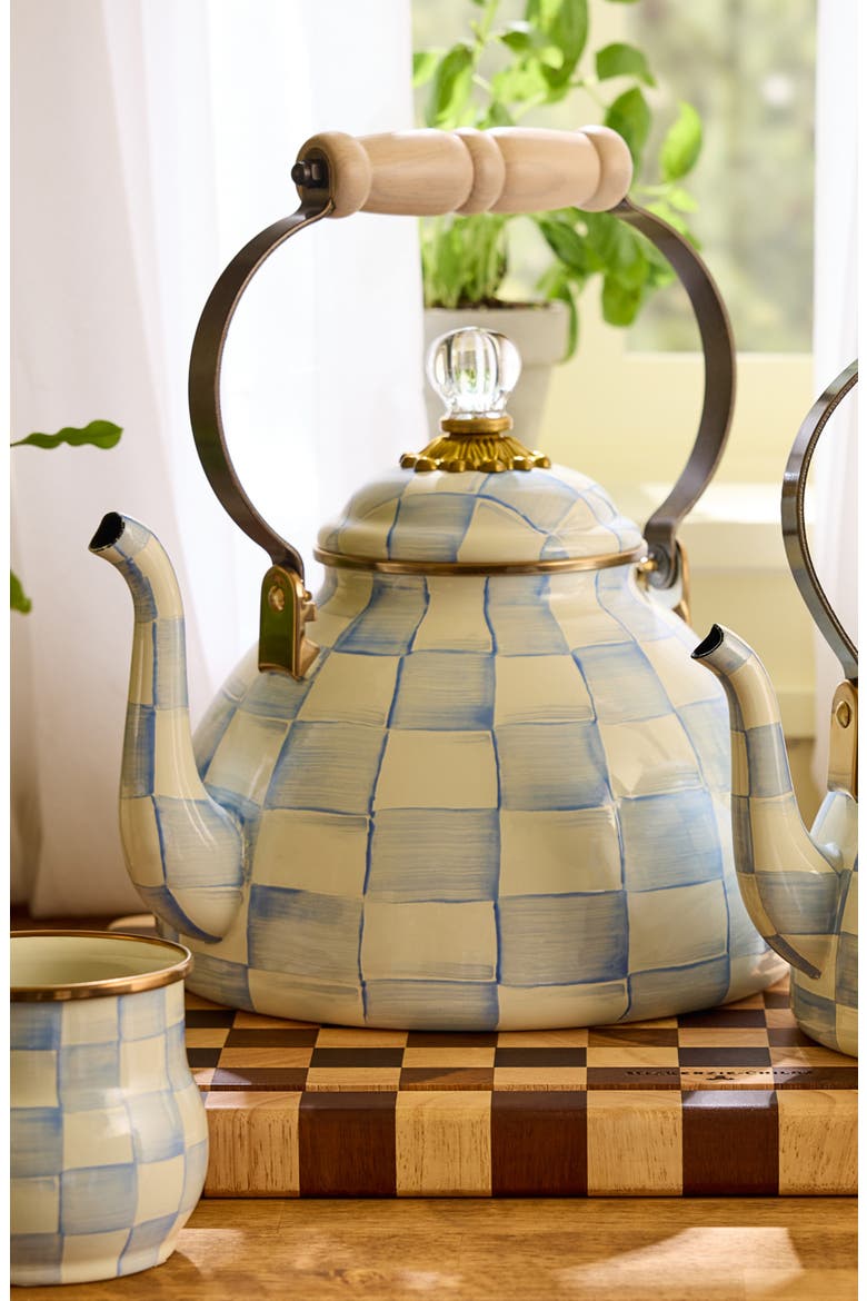 Sky Check Enameled Steel 3-Quart Tea Kettle, Alternate, color, SKY CHECK
