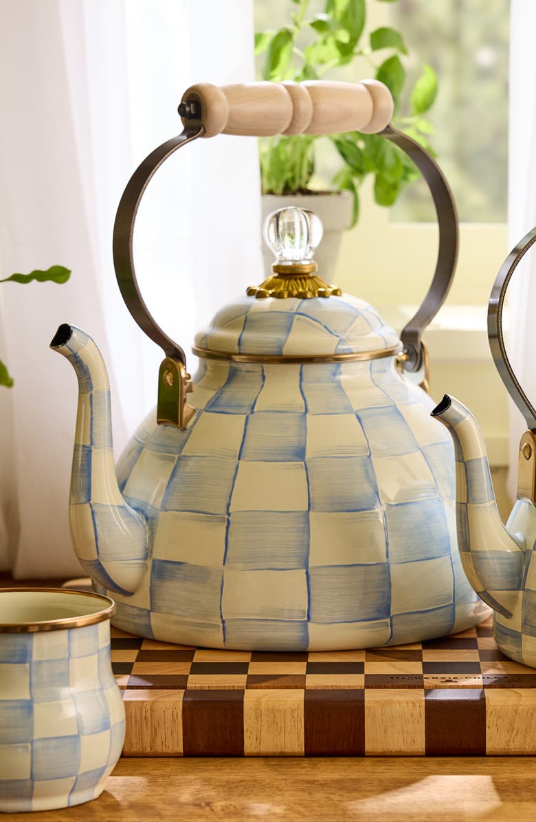 MACKENZIE CHILDS Sky Check Enameled Steel 3-Quart Tea Kettle, Alternate, color, Sky Check