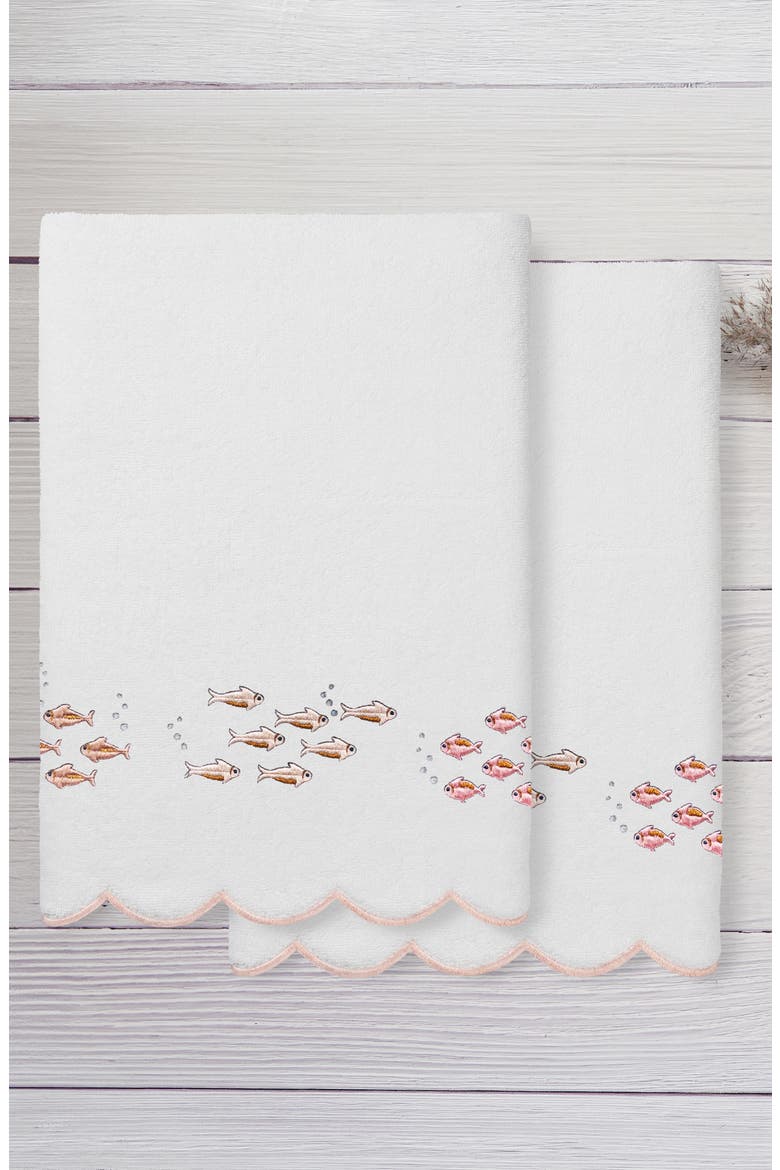 Fish School Scallop 2-Piece Bath Towel Set, Alternate, color, WHITE/ PINK