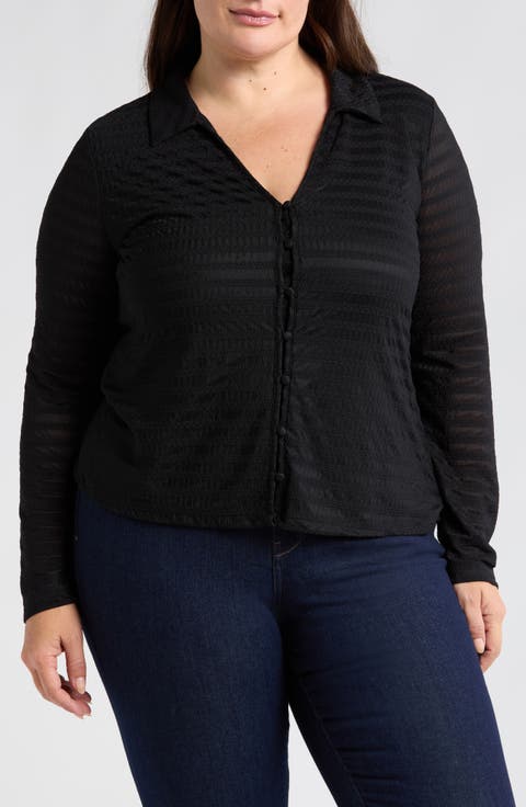 Lacy Mesh Button-Up Shirt (Plus)