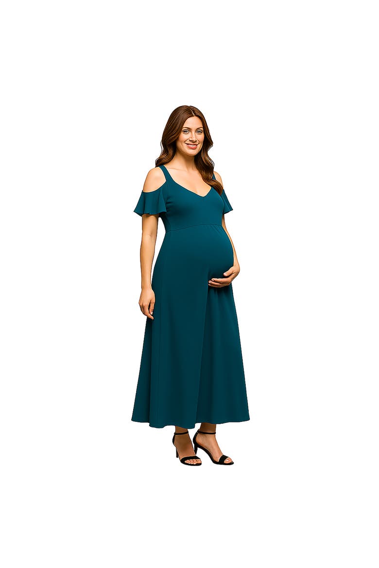 Maternity Cold Sholder Ruffle Sleeve A-Line Maxi Dress, Main, color, Teal