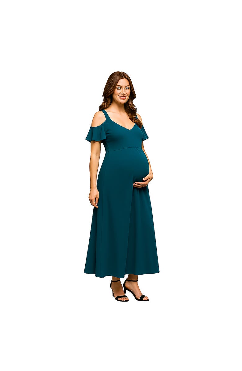 24seven Comfort Apparel Maternity Cold Sholder Ruffle Sleeve A-Line Maxi Dress, Main, color, Teal