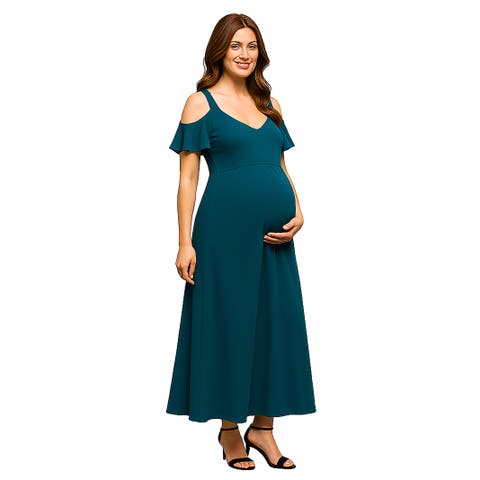 Maternity Cold Sholder Ruffle Sleeve A-Line Maxi Dress