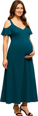 24seven Comfort Apparel Maternity Cold Sholder Ruffle Sleeve A-Line Maxi Dress