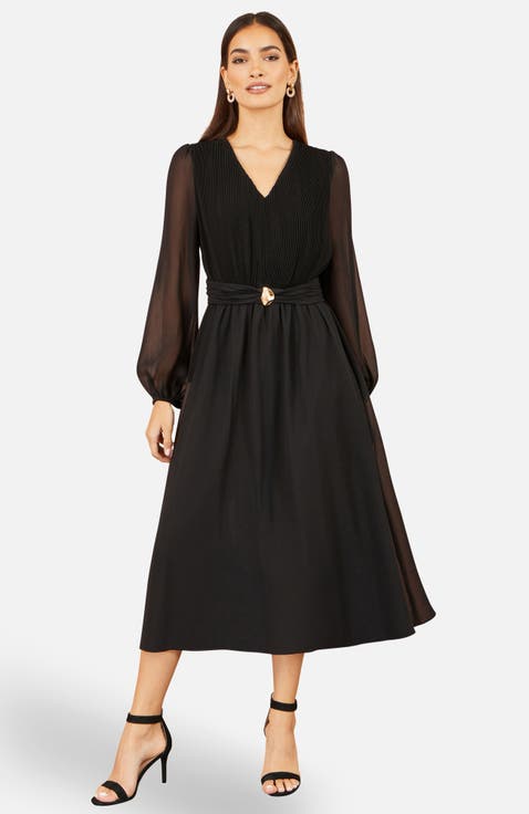Pleated Bodice Buckle Waist Midi Dress