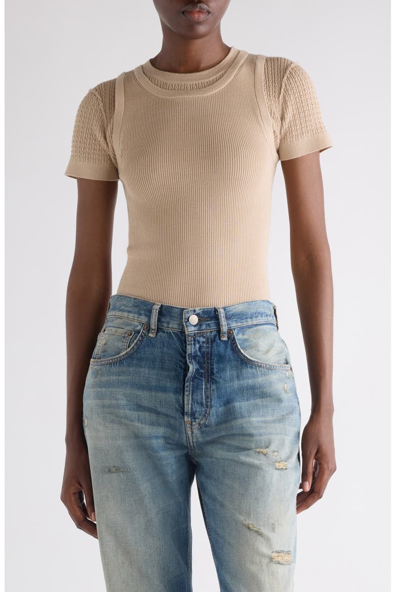 Prelayered Wool Blend Rib Pointelle Knit Sweater, Main, color, BEIGE