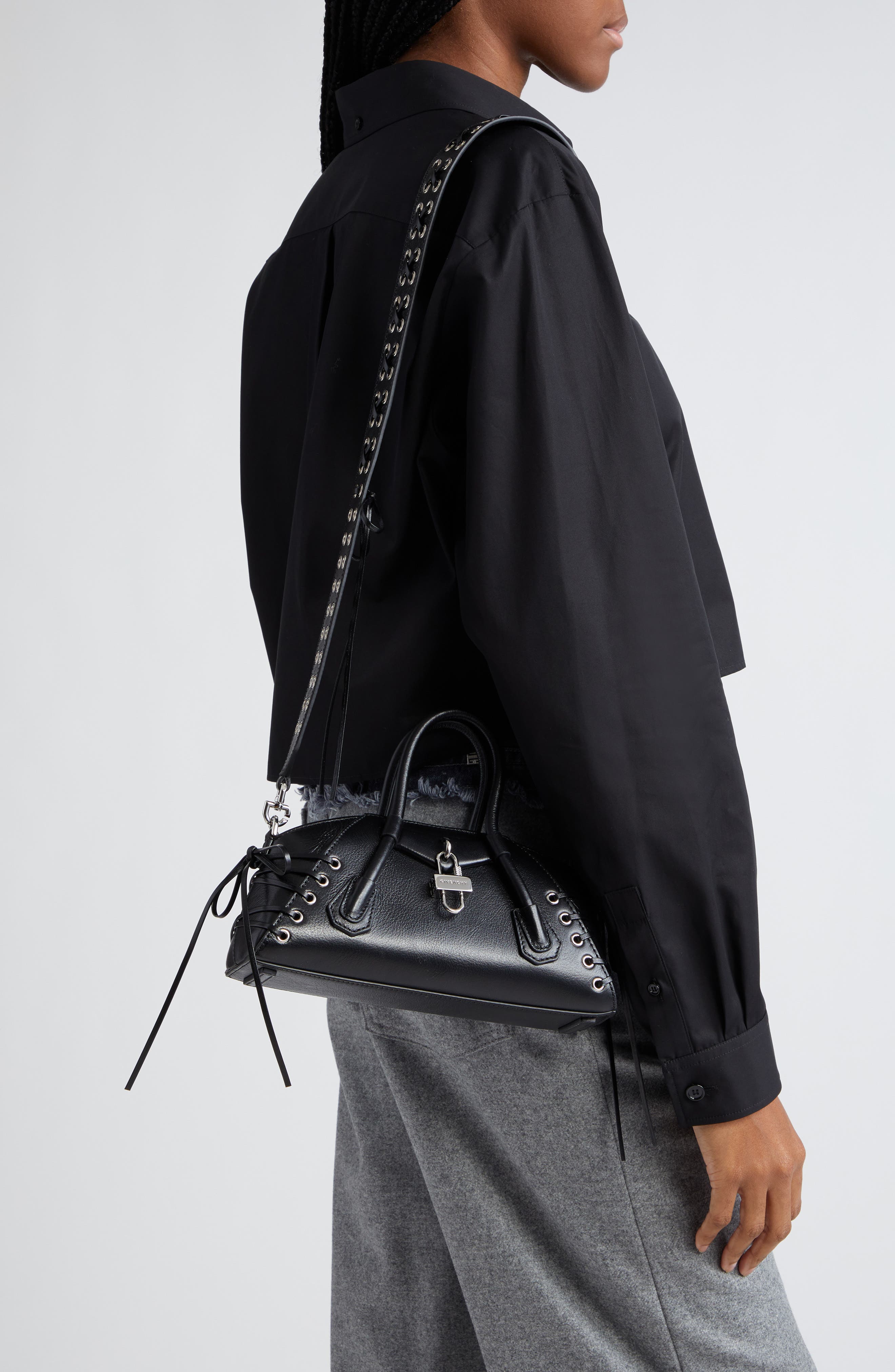 Mini Antigona Stretch Leather Satchel, Alternate, color, BLACK