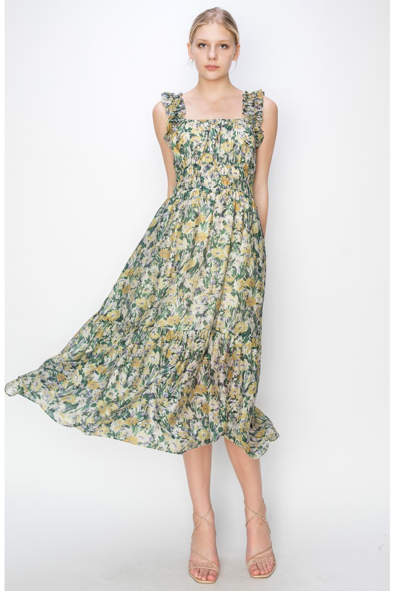 Floral Ruffle Shirred Midi Sundress, Alternate, color, GREEN/ YELLOW