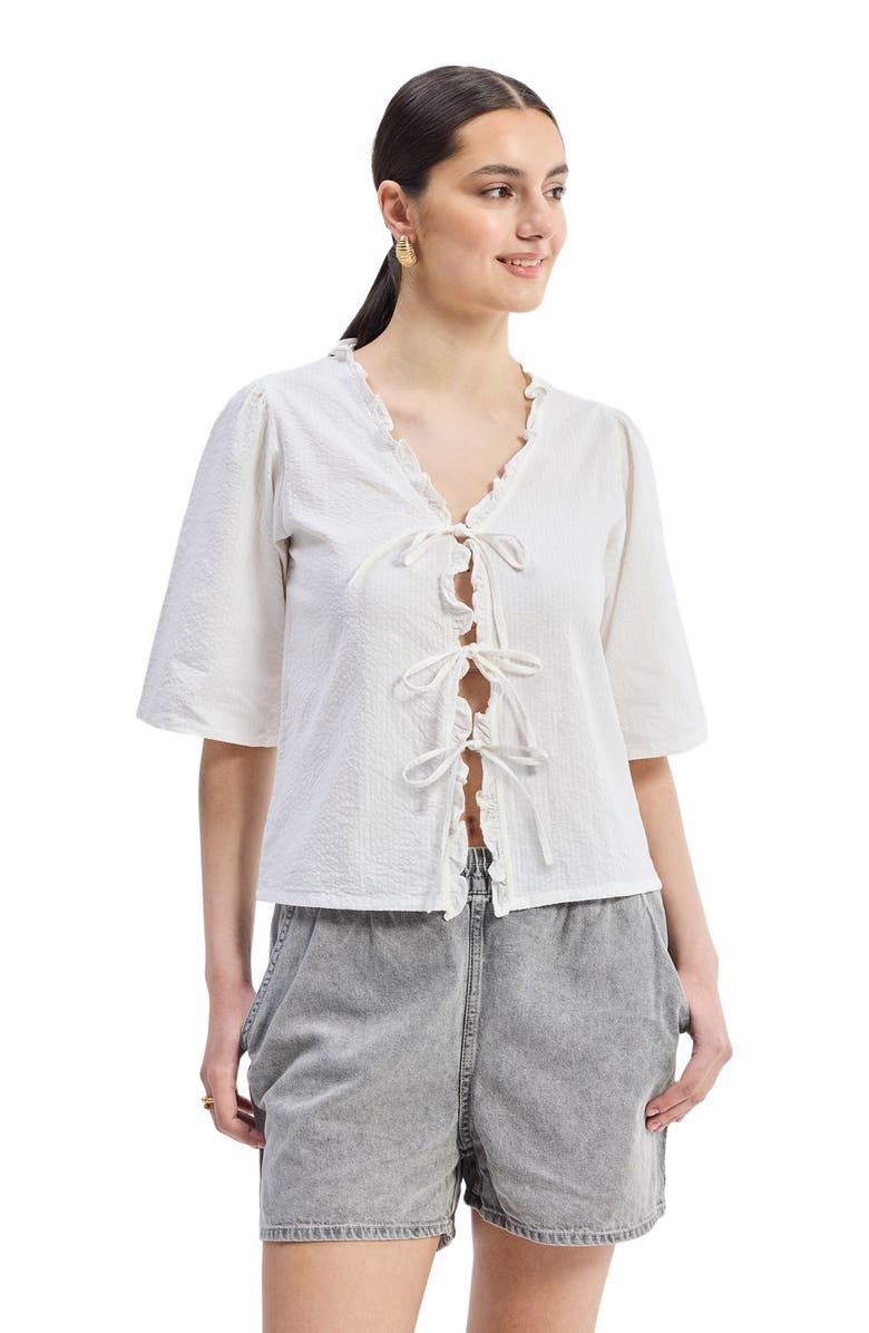 Reistor Relaxed Fit Top With Ruffles and Front-Ties in White, Alternate, color, Striped Horizon