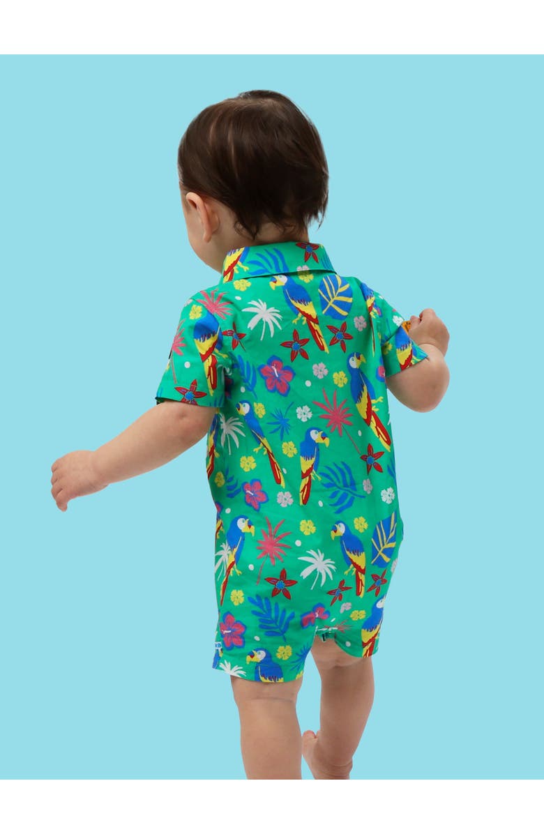 RuggedButts Baby Boys Woven Short Sleeve Button-Up Romper, Alternate, color, Parrot Palms