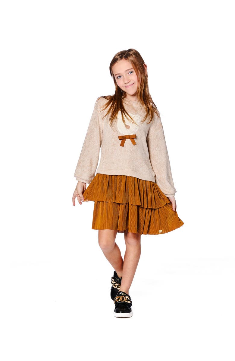 Deux par Deux Bi-Material Dress with Layered Skirt, Main, color, Caramel Brown