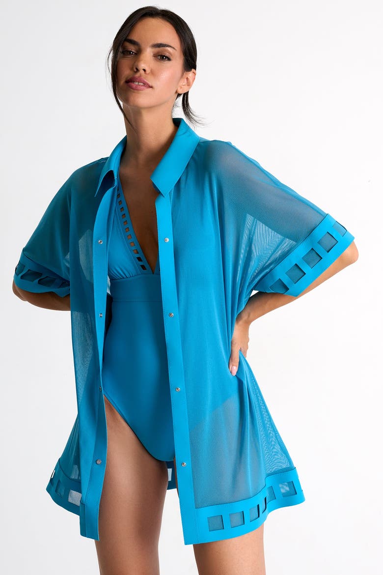 Plunging One-Piece Swimsuit With Mosaic Cutouts, Alternate, color, Blue