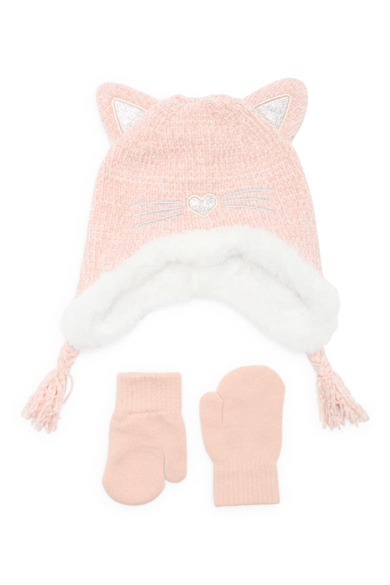 Kids' Chenille Kitty Earflap Beanie & Glove Set, Main, color, BLUSH