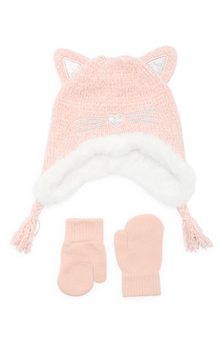 Capelli New York Kids' Chenille Kitty Earflap Beanie & Glove Set, Main, color, Blush