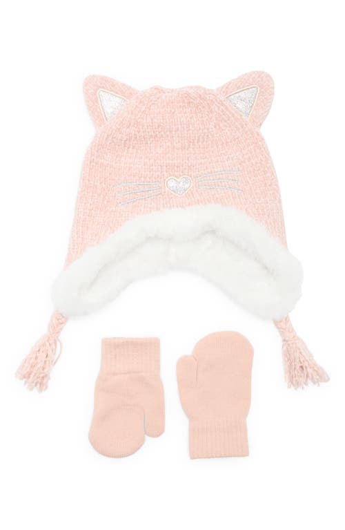 Capelli New York Kids' Chenille Kitty Earflap Beanie & Glove Set in Blush 