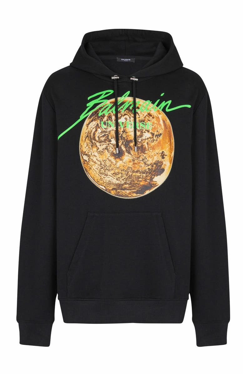 Balmain Printed Balmain Universe Logo And Planet Hoodie, Main, color, Black