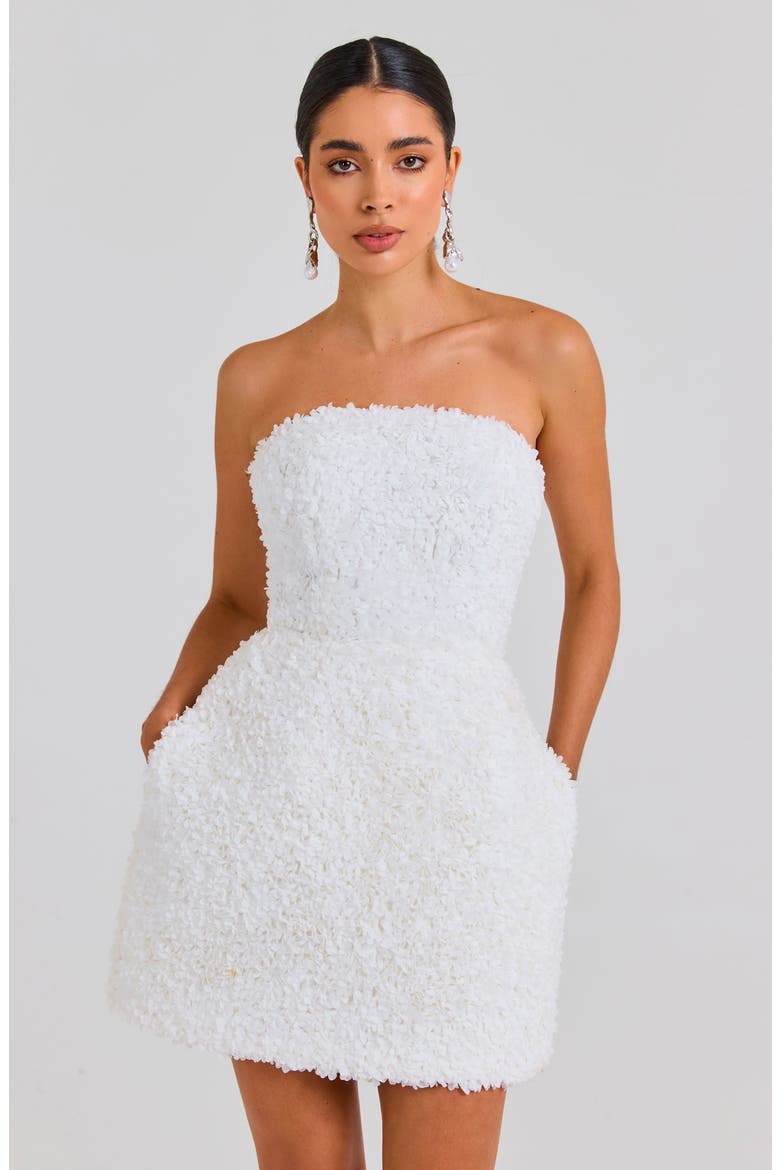 Maisy Floral Appliqué Strapless Minidress, Alternate, color, WHITE