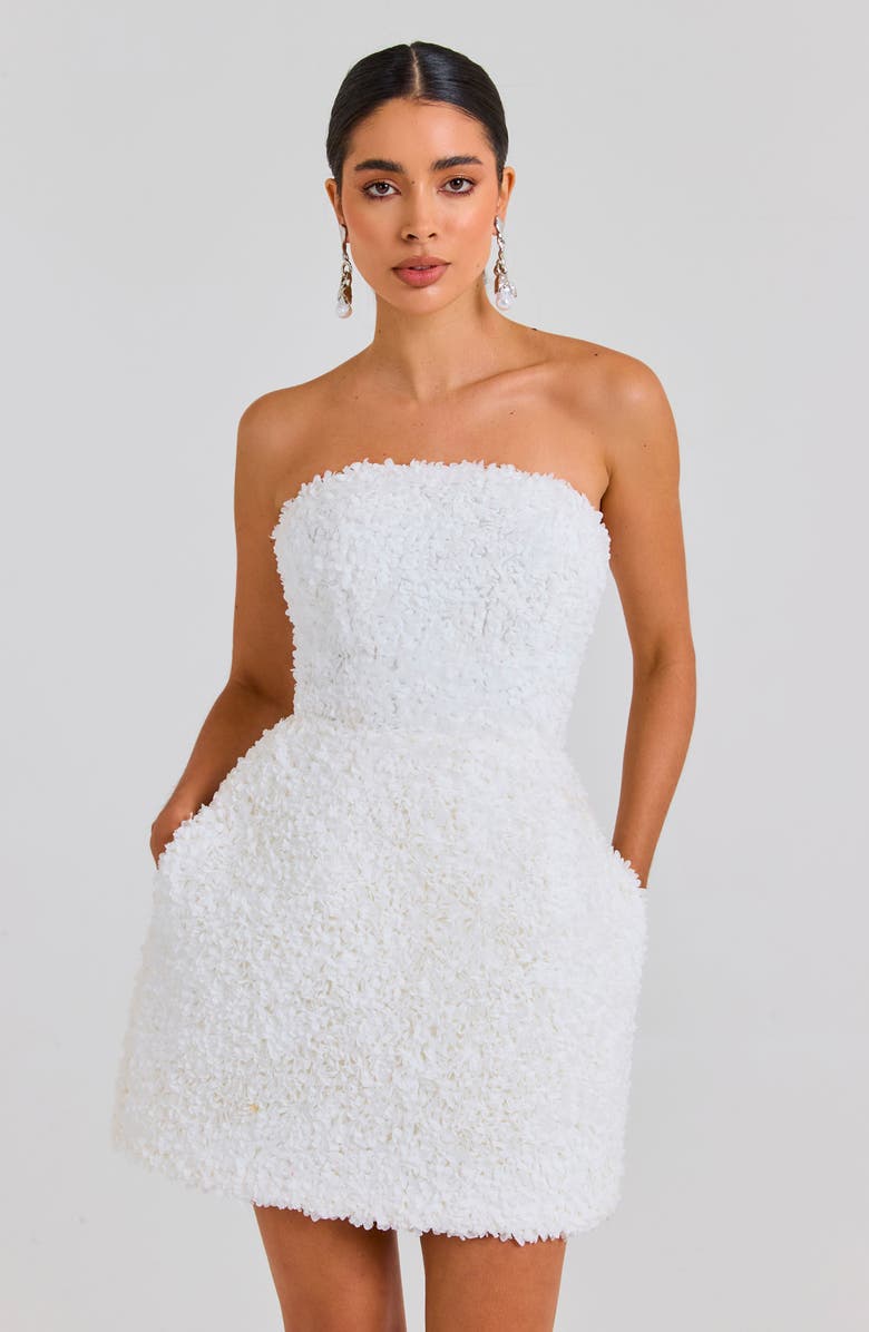 NADINE MERABI Maisy Floral Appliqué Strapless Minidress, Alternate, color, White