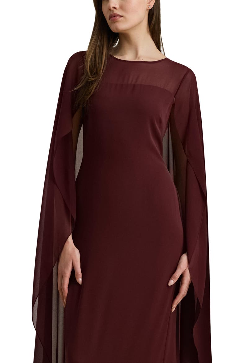 Sheer Cape Georgette Column Gown, Alternate, color, DARK GARNET