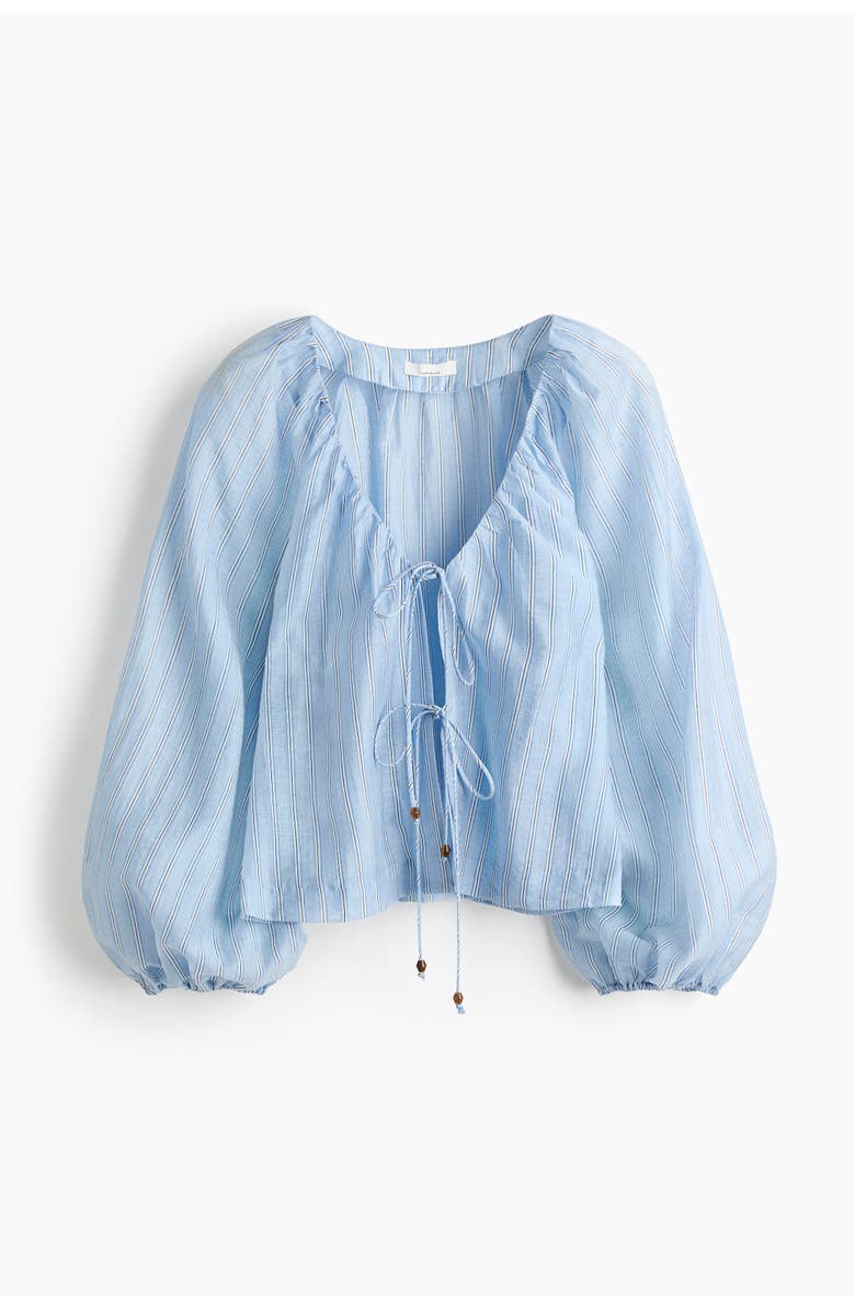 H&M Linen-blend Tie-front Blouse, Main, color, Light Blue/Striped