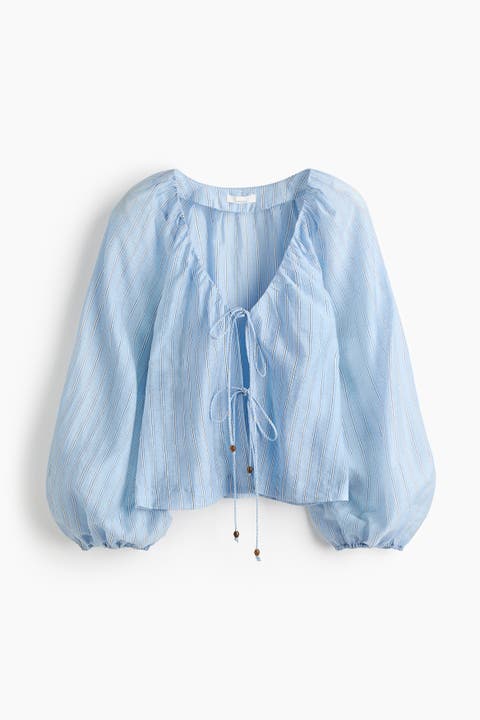 Linen-blend Tie-front Blouse
