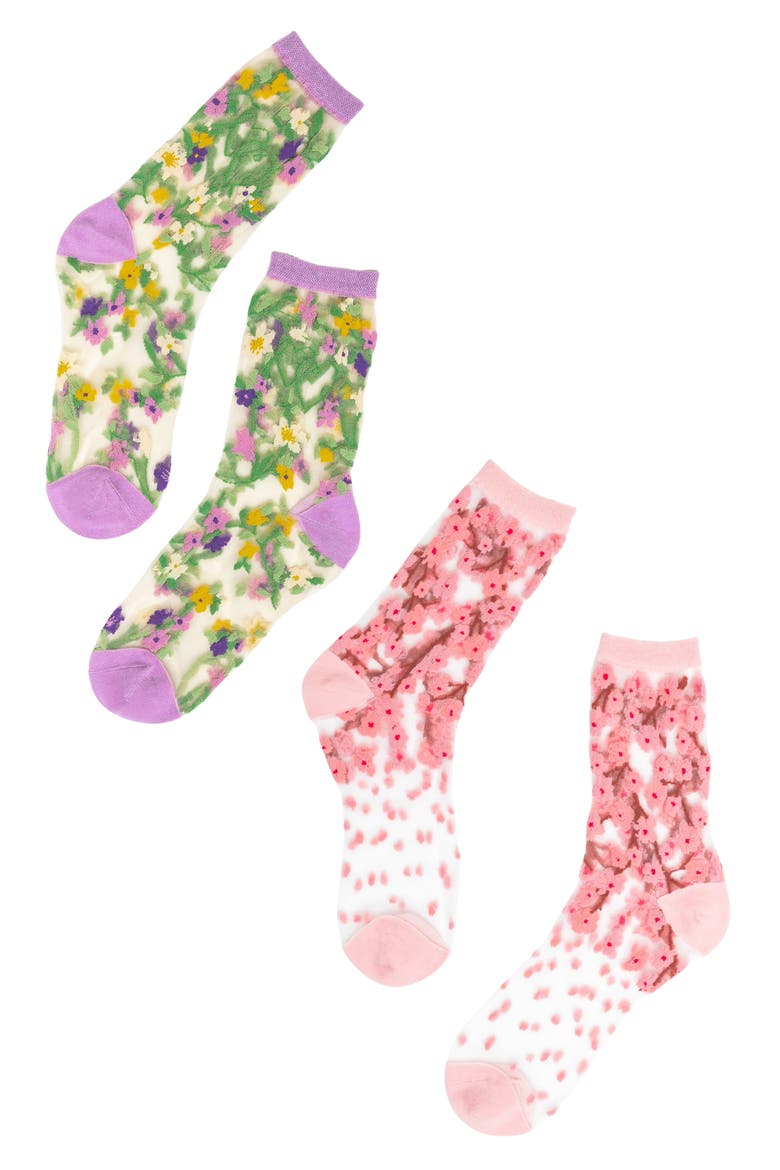 Floral Sheer Crew Socks, Main, color, PINK/ PURPLE