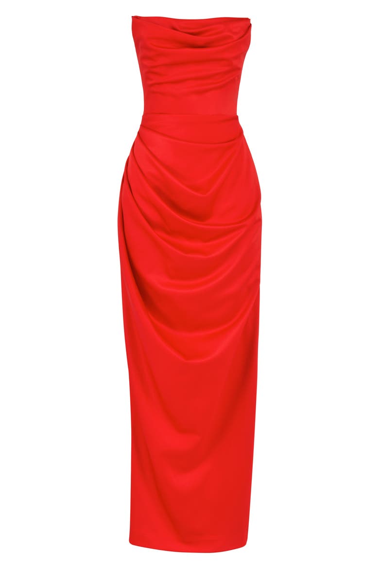 Adrienne Gathered Satin Strapless Gown, Alternate, color, SCARLET